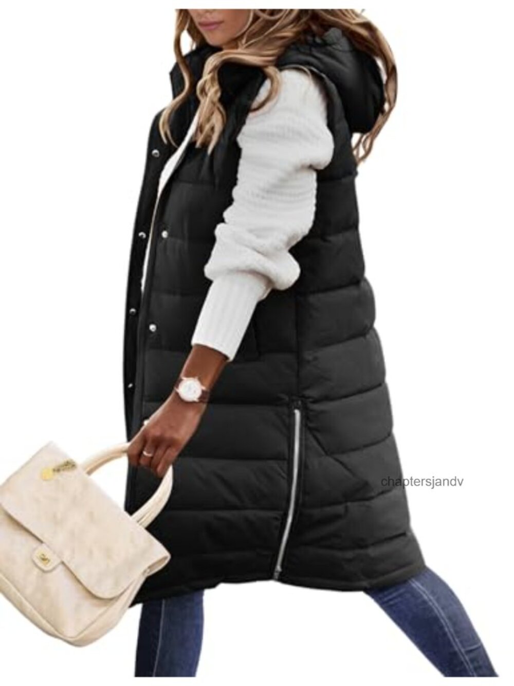 Women's Long Quilted Puffer Vest Hooded Sleeveless Zip Snap Winter